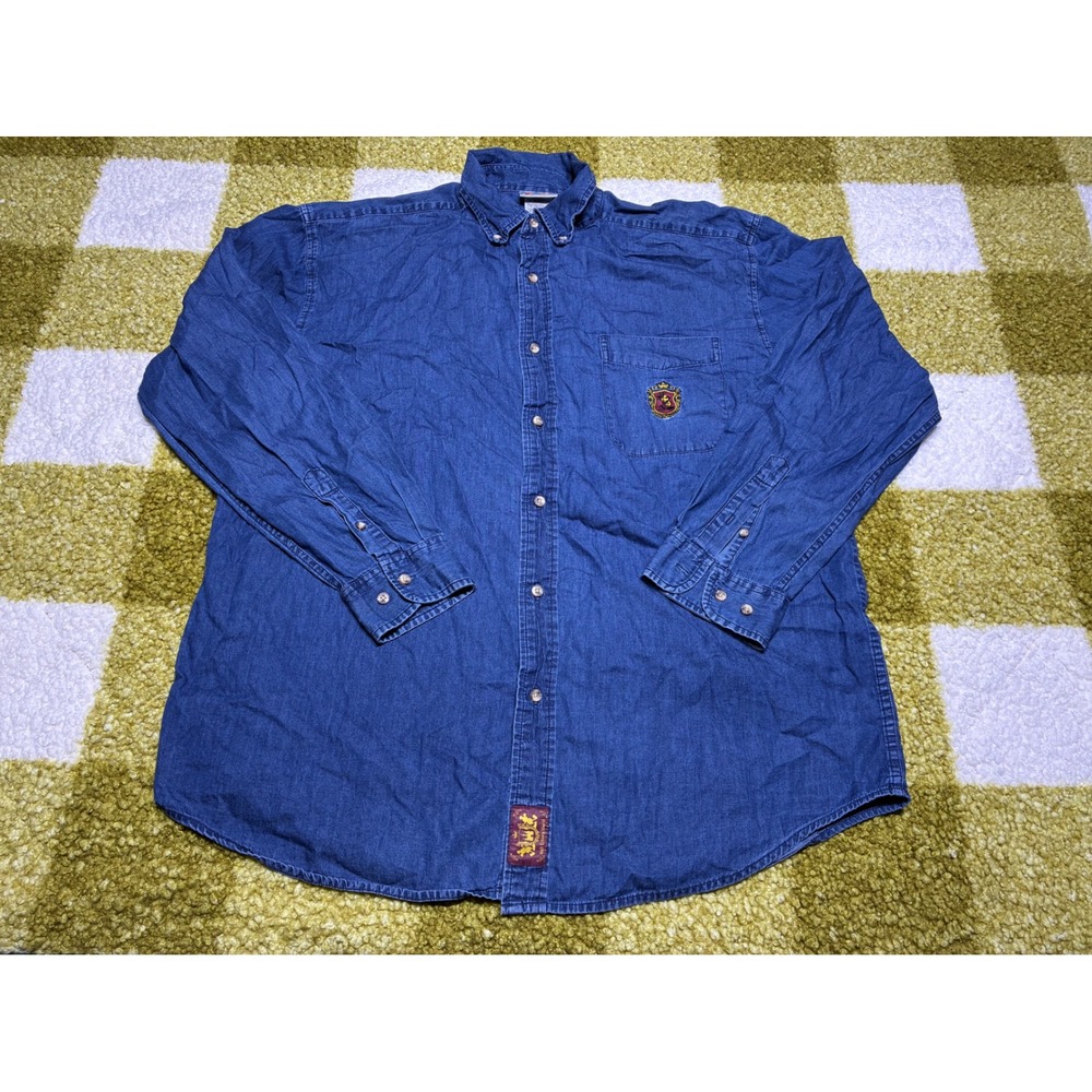 Vintage Walt Disney World Denim Shirt Mens XL Blue Long Sleeve Button Down Crest